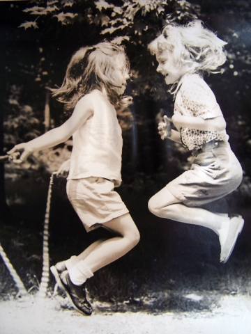 I am on the right, and I think that is Alex Cummings on the left. We girls at Tokeneke spent long hours jumping rope (and hopping around on pogo sticks!). Salt, Penalty, Mustard, Pepper.
-- Katrinka (Katy) Green Quirk