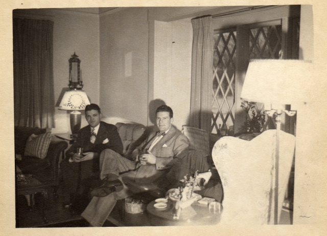 I found this old photo at my mom’s house 60 years to the day after it was taken. It is of my dad (with the tie) and Nancy Knowlton’s dad (with the bowtie) and is dated December 28, 1946.  It was taken at my grandfather’s house and I’m sure Mr. Knowlton dr